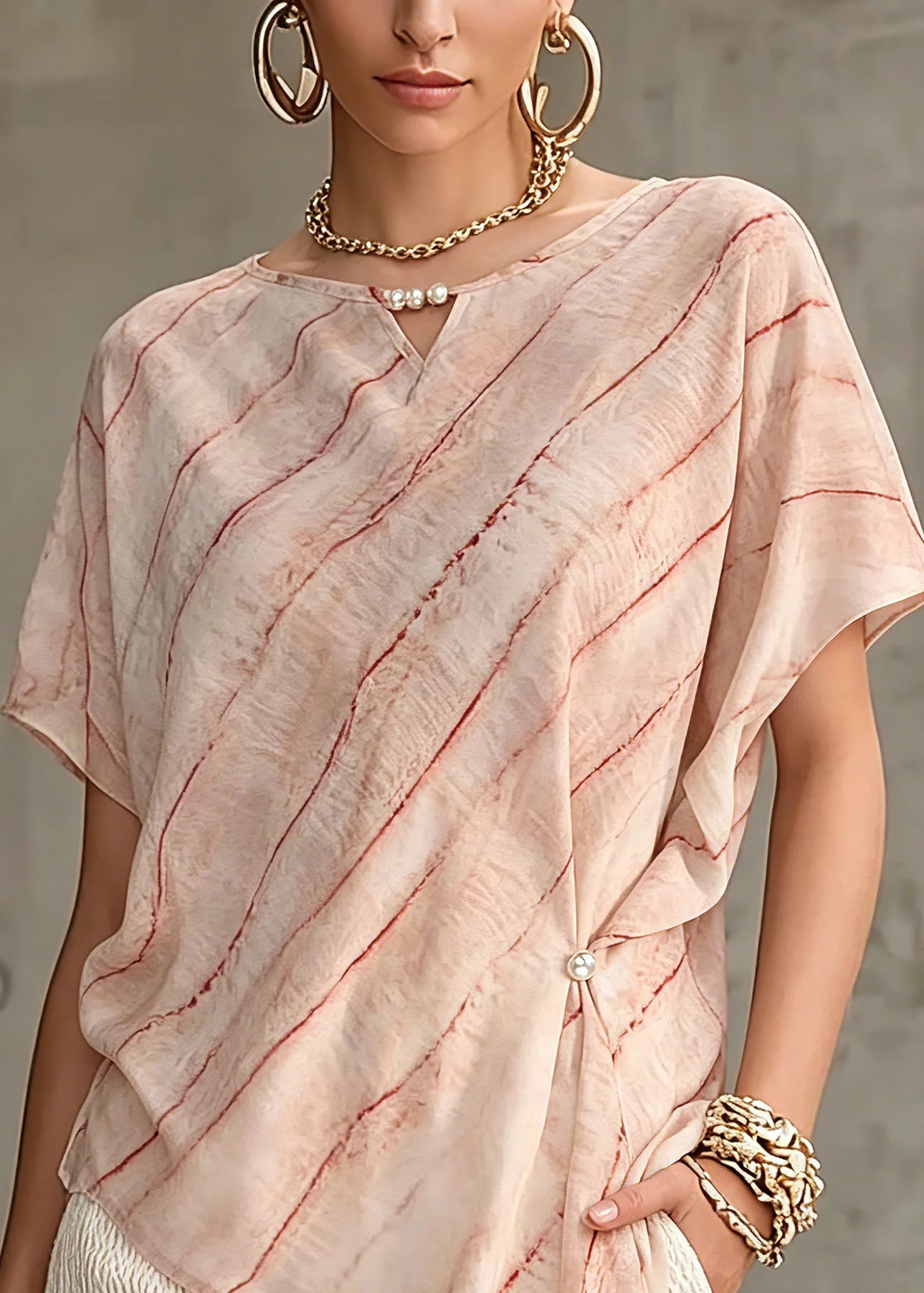 Plus Size Pink Asymmetrical Striped Chiffon Tops Short Sleeve - Image 2