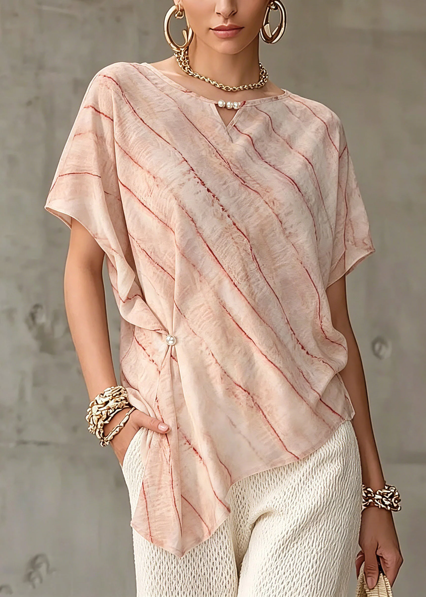 Plus Size Pink Asymmetrical Striped Chiffon Tops Short Sleeve - Image 3