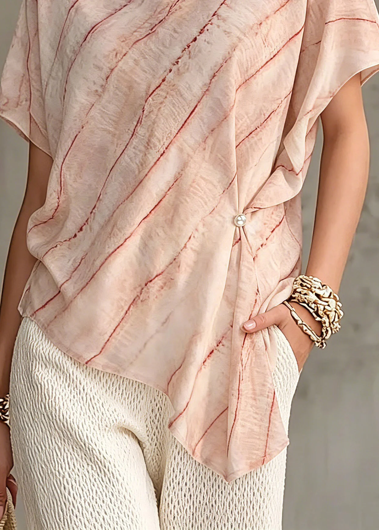 Plus Size Pink Asymmetrical Striped Chiffon Tops Short Sleeve - Image 4