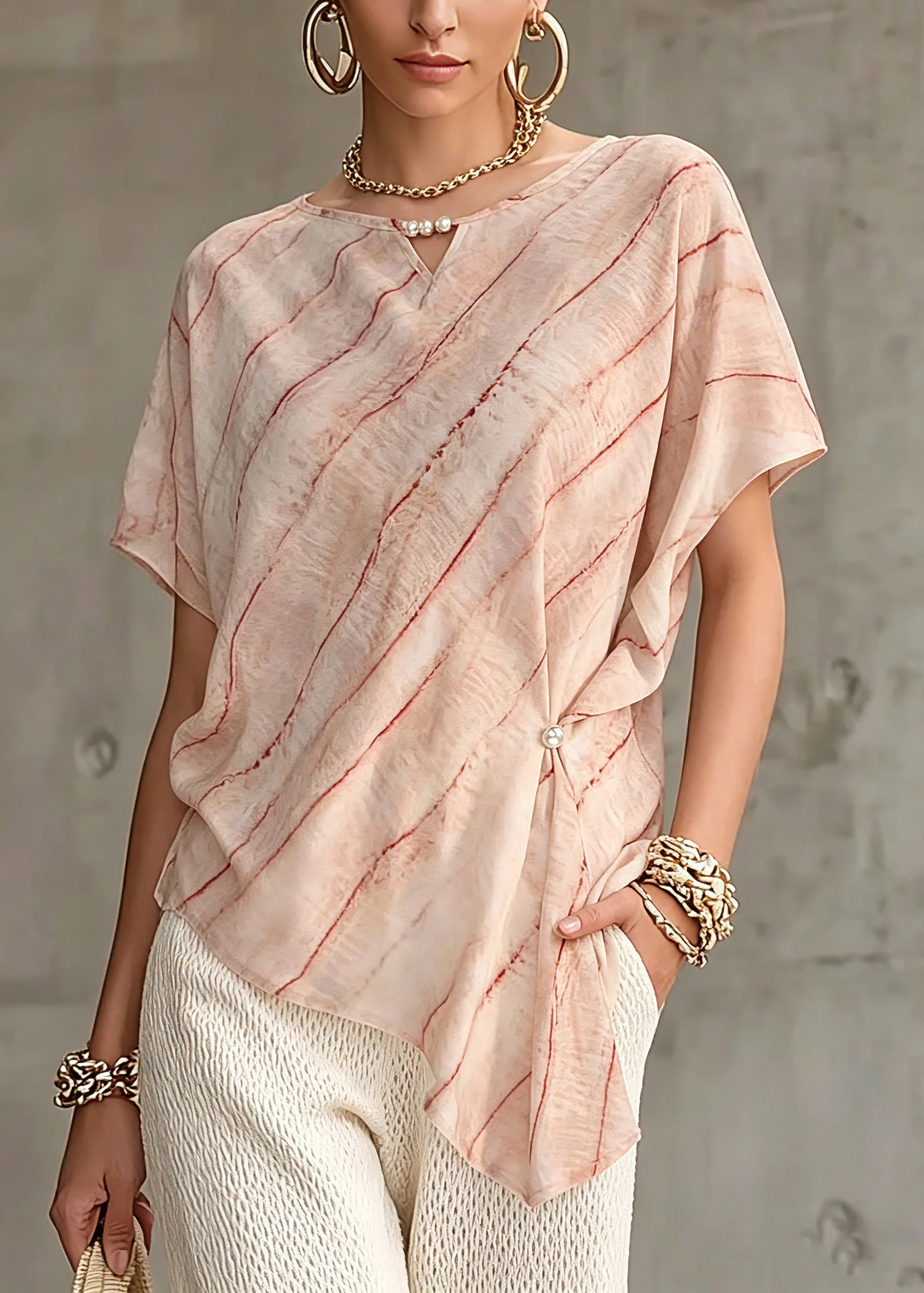 Plus Size Pink Asymmetrical Striped Chiffon Tops Short Sleeve - Image 5