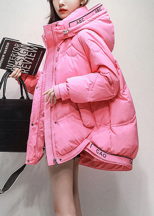 Plus Size Pink Hooded Pockets Drawstring Duck Down Coats Winter - Image 4