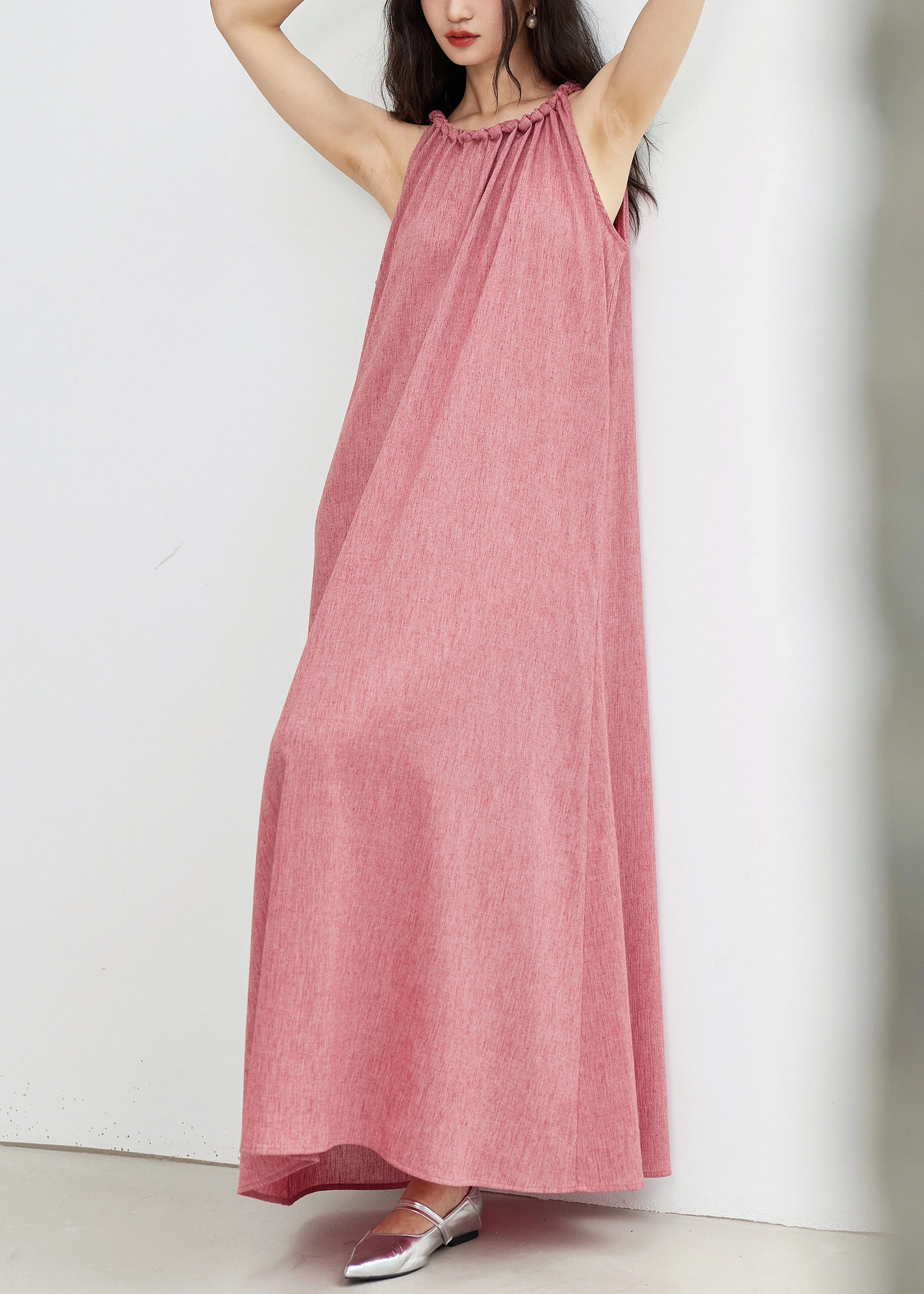 Plus Size Pink Lace Up Solid Cotton Long Dress Sleeveless - Image 3
