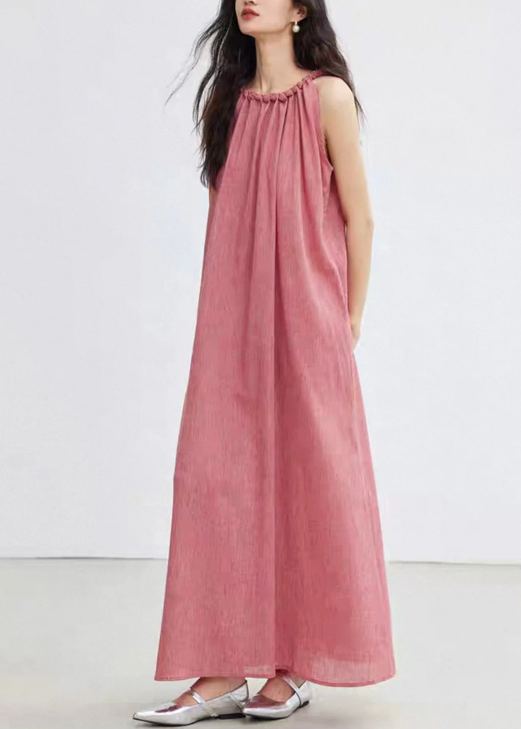 Plus Size Pink Lace Up Solid Cotton Long Dress Sleeveless - Image 4
