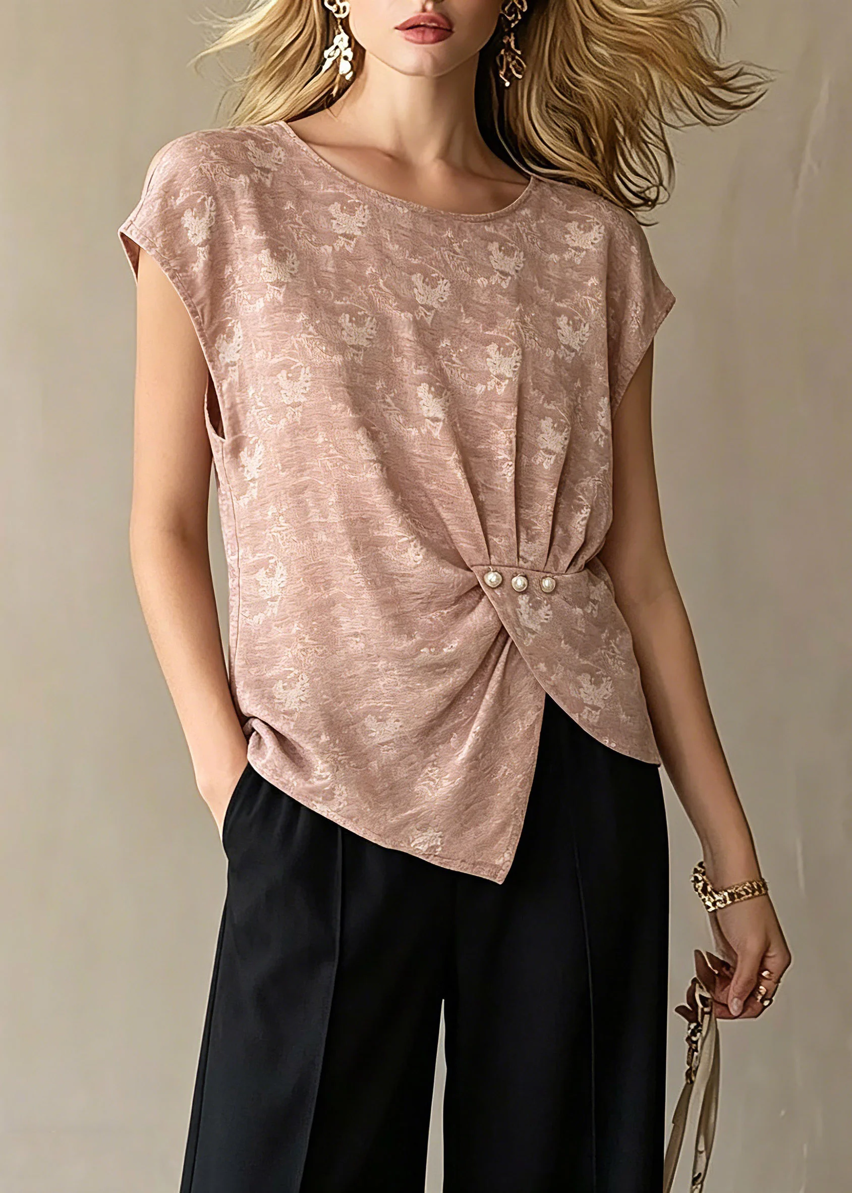 Plus Size Pink O-Neck Print T Shirt Short Sleeve - Image 3