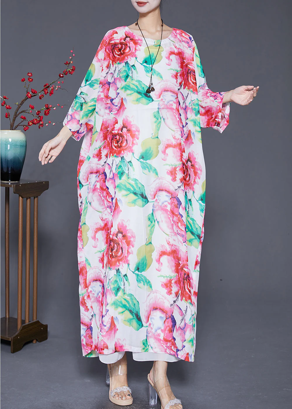 Plus Size Pink Oversized Floral Print Cotton Dress Batwing Sleeve - Image 2