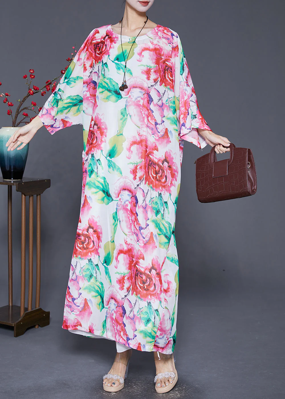 Plus Size Pink Oversized Floral Print Cotton Dress Batwing Sleeve - Image 3