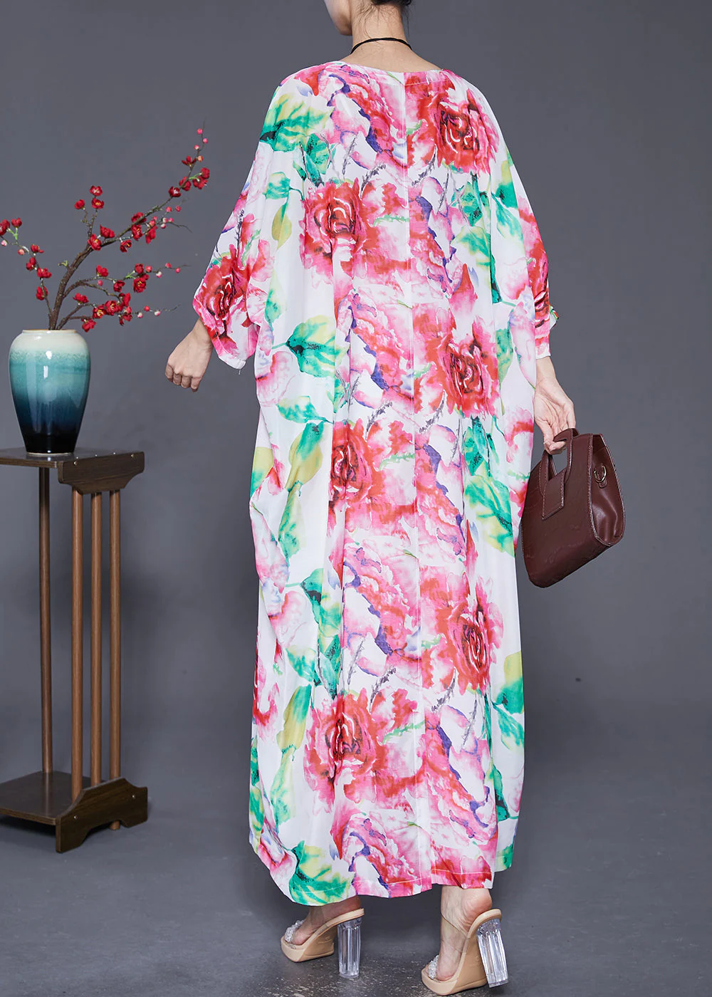 Plus Size Pink Oversized Floral Print Cotton Dress Batwing Sleeve - Image 4