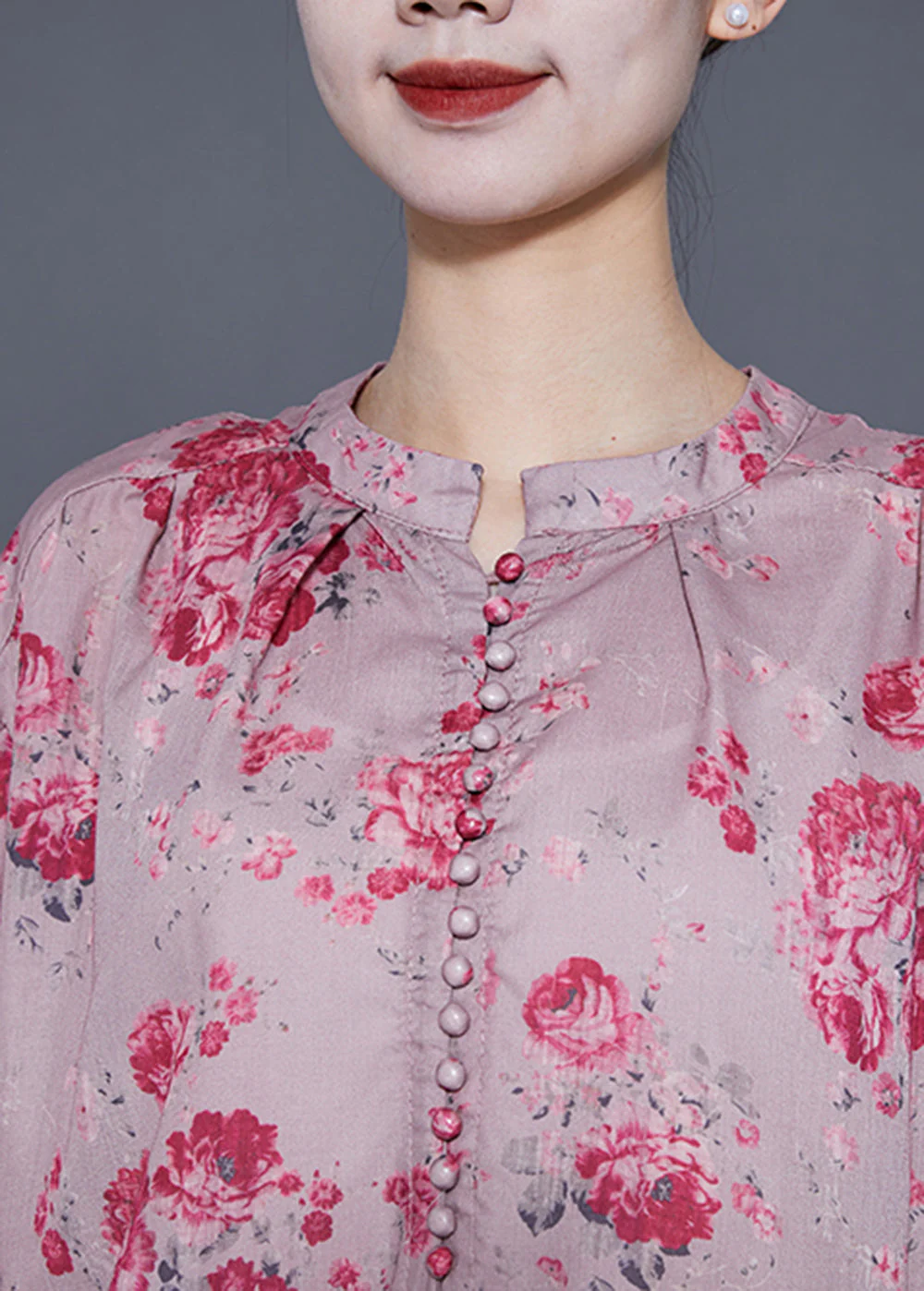 Plus Size Pink Oversized Print Linen Long Dresses Lantern Sleeve - Image 4