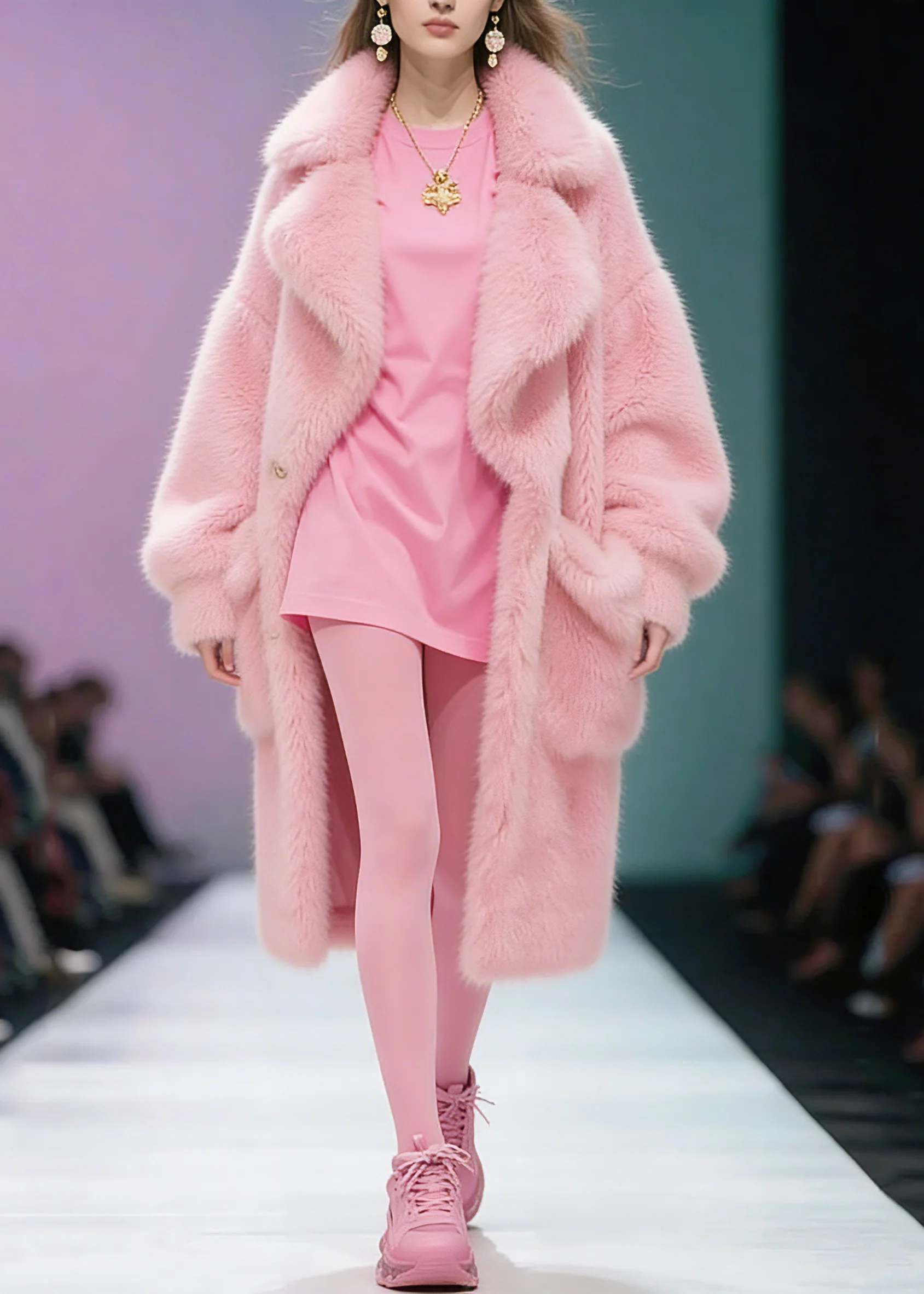 Plus Size Pink Peter Pan Collar Pockets Patchwork Fuzzy Fur Fluffy Coat Winter - Image 3