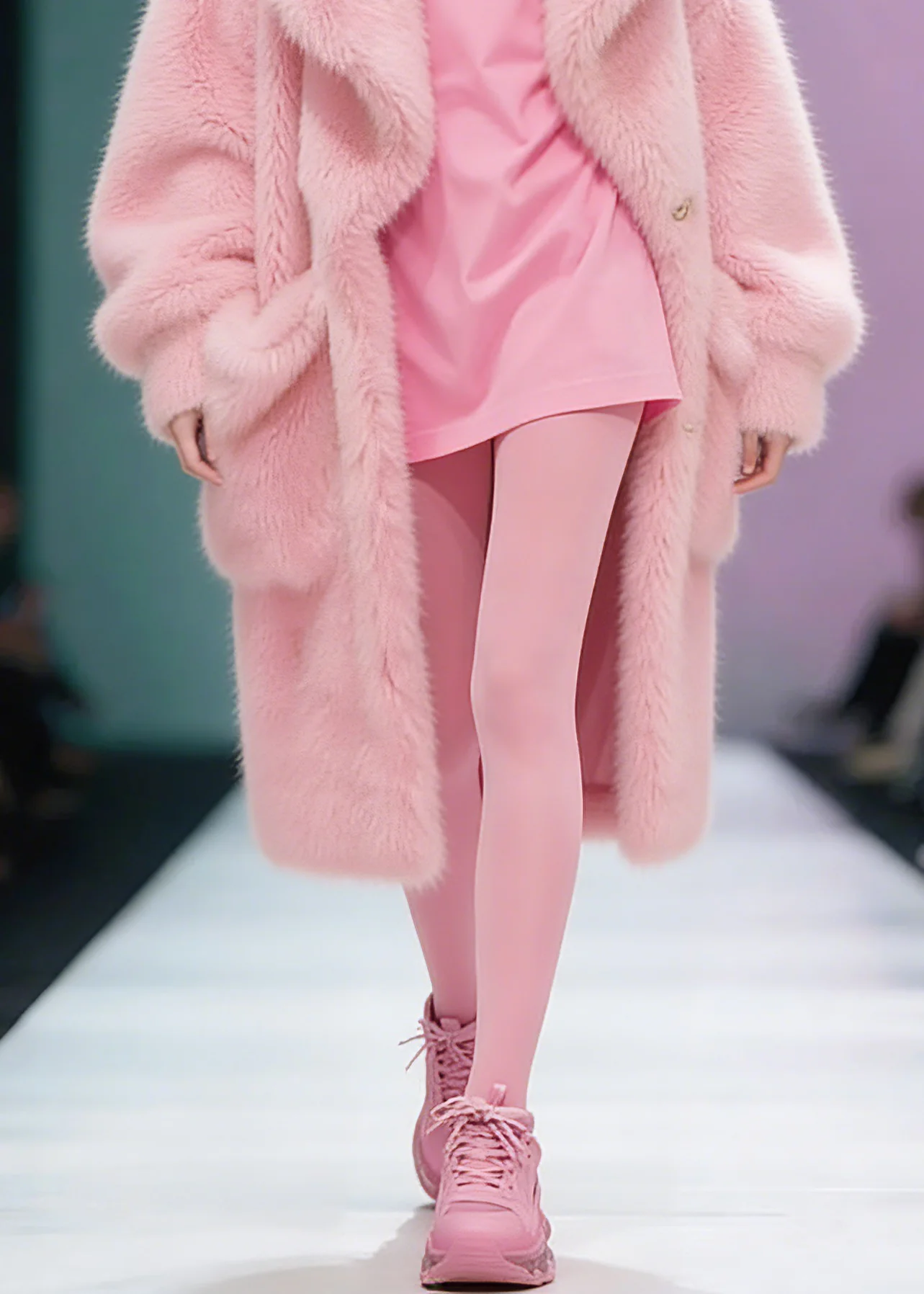 Plus Size Pink Peter Pan Collar Pockets Patchwork Fuzzy Fur Fluffy Coat Winter - Image 4