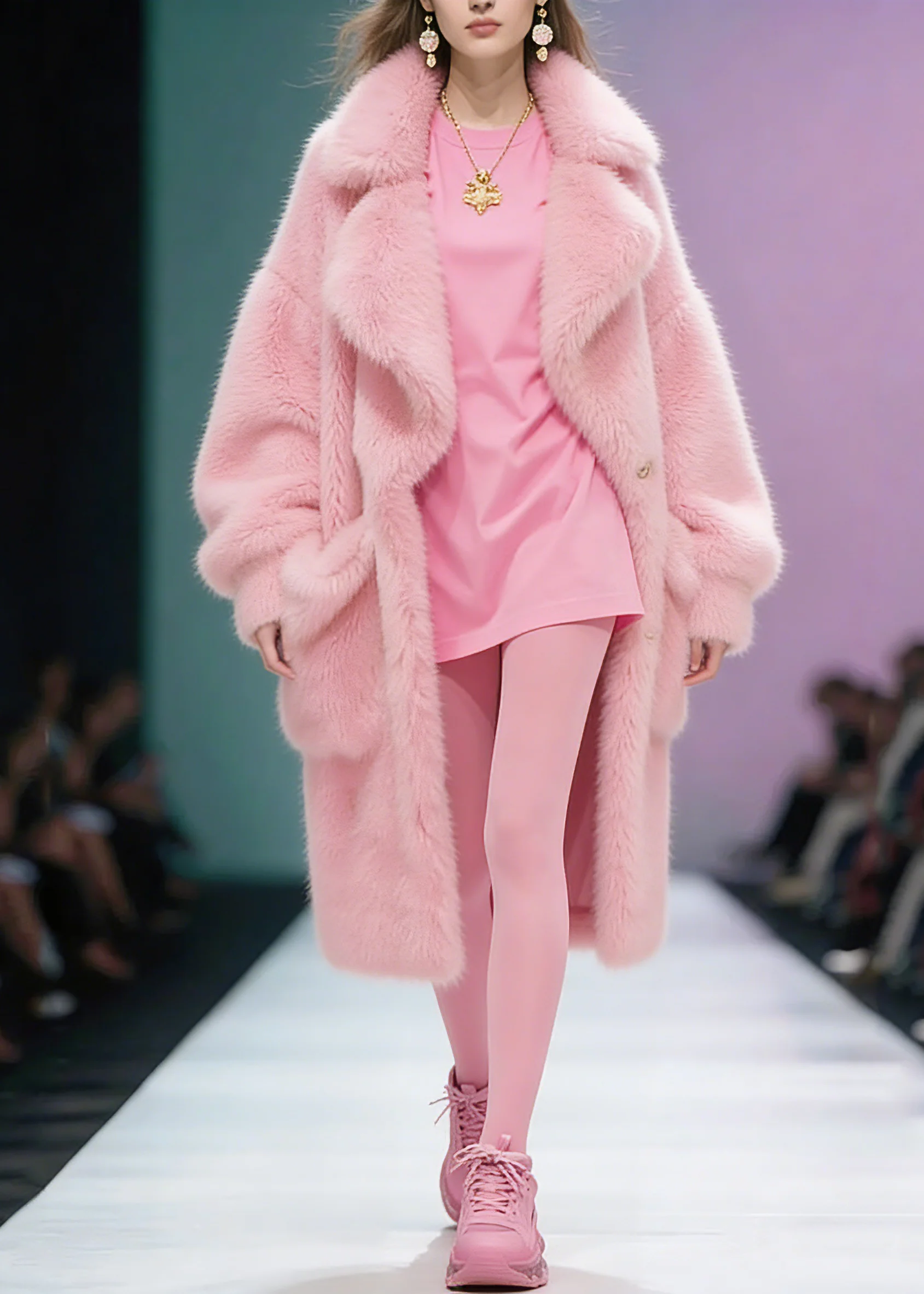 Plus Size Pink Peter Pan Collar Pockets Patchwork Fuzzy Fur Fluffy Coat Winter - Image 5