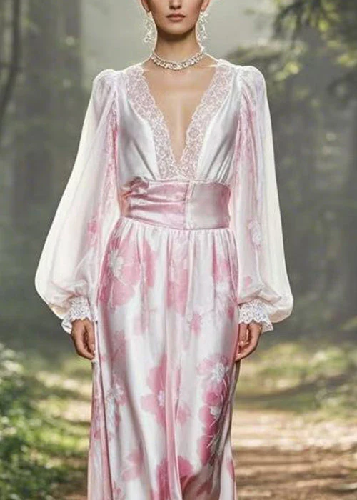 Plus Size Pink Print High Waist Silk Dress Lantern Sleeve - Image 2