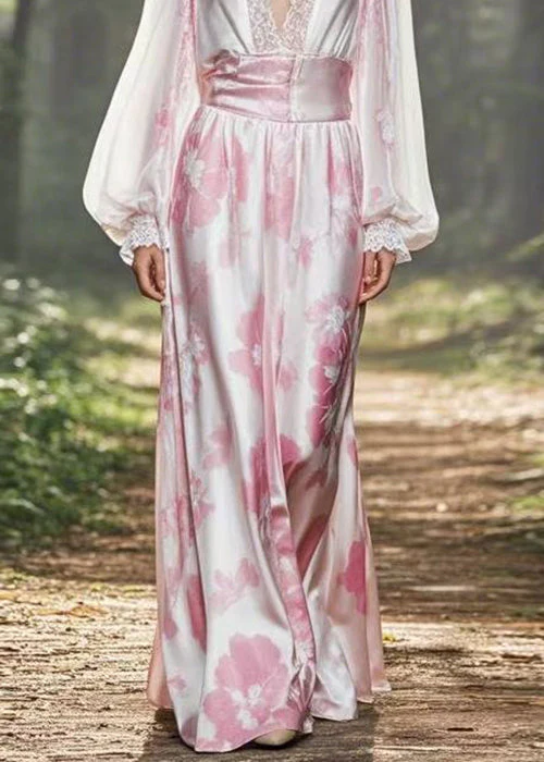 Plus Size Pink Print High Waist Silk Dress Lantern Sleeve - Image 4