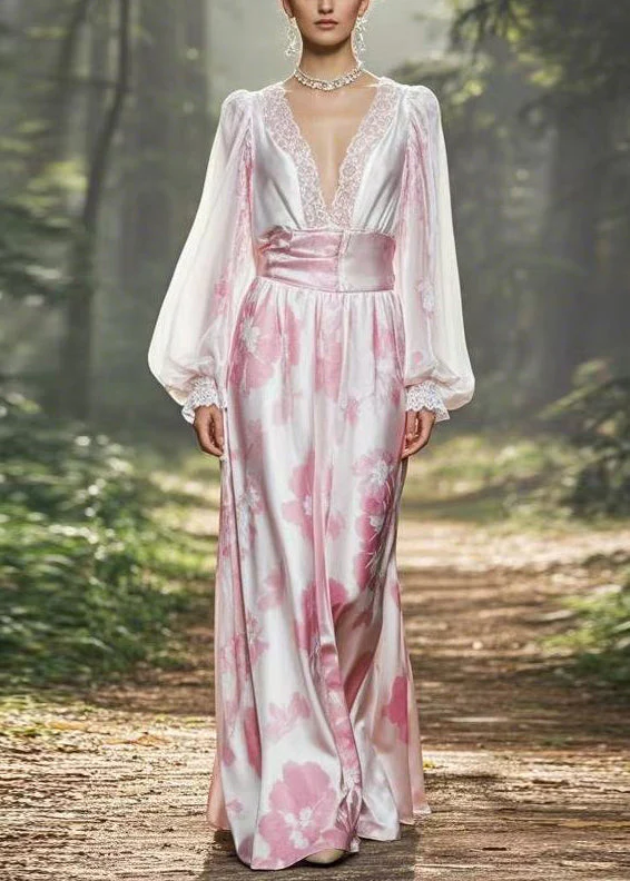 Plus Size Pink Print High Waist Silk Dress Lantern Sleeve - Image 5