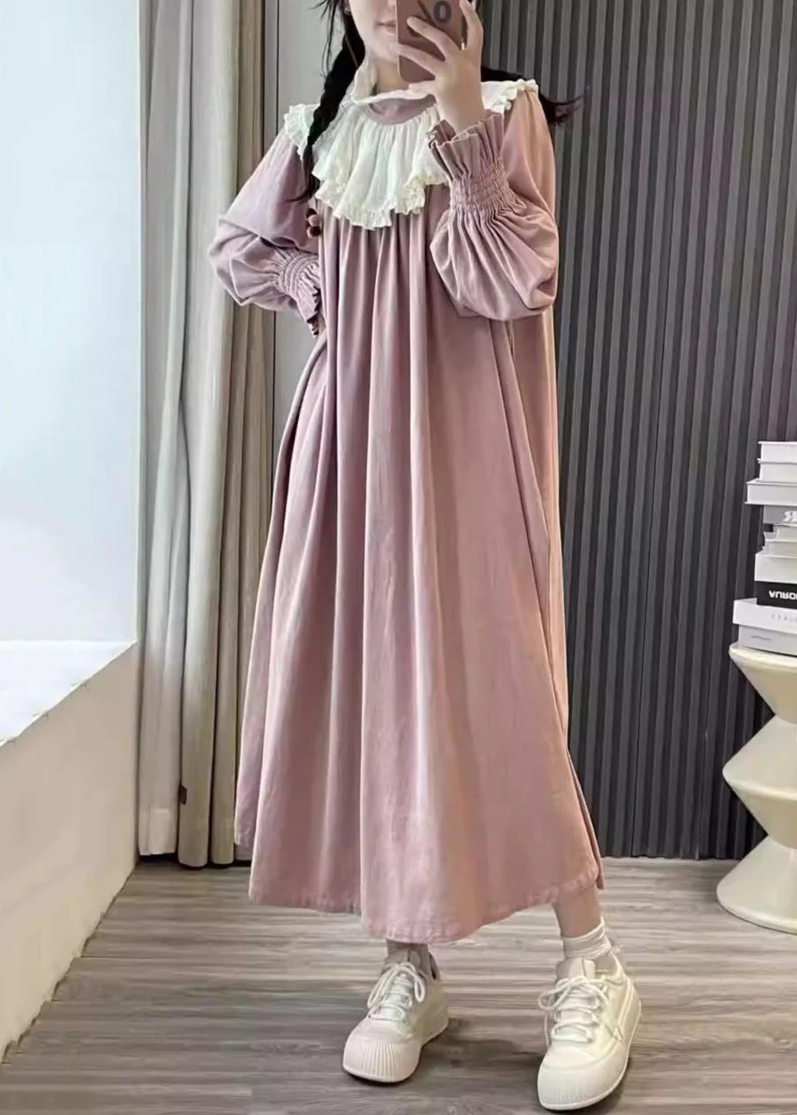 Plus Size Pink Ruffled Patchwork Cotton Long Dresses Spring - Image 2