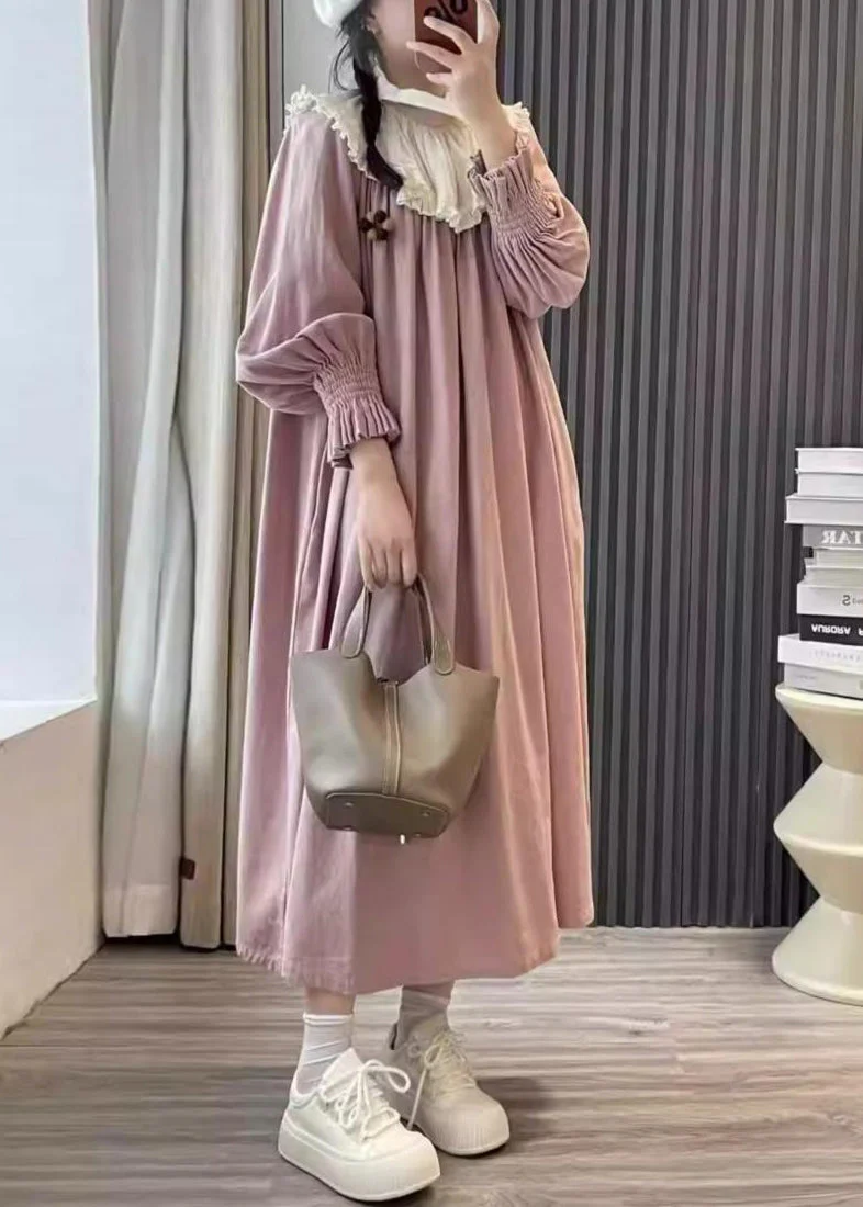 Plus Size Pink Ruffled Patchwork Cotton Long Dresses Spring - Image 3