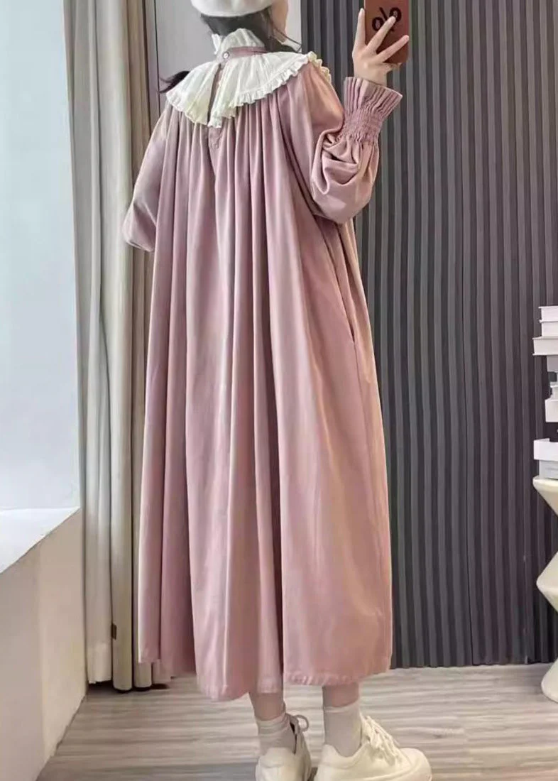 Plus Size Pink Ruffled Patchwork Cotton Long Dresses Spring - Image 4