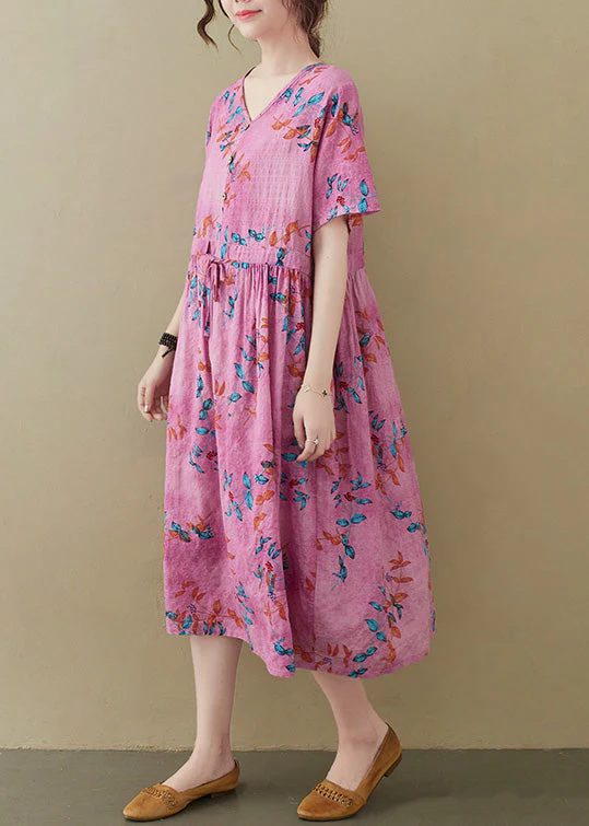 Plus Size Pink V Neck Button Party Maxi Dress Short Sleeve - Image 3