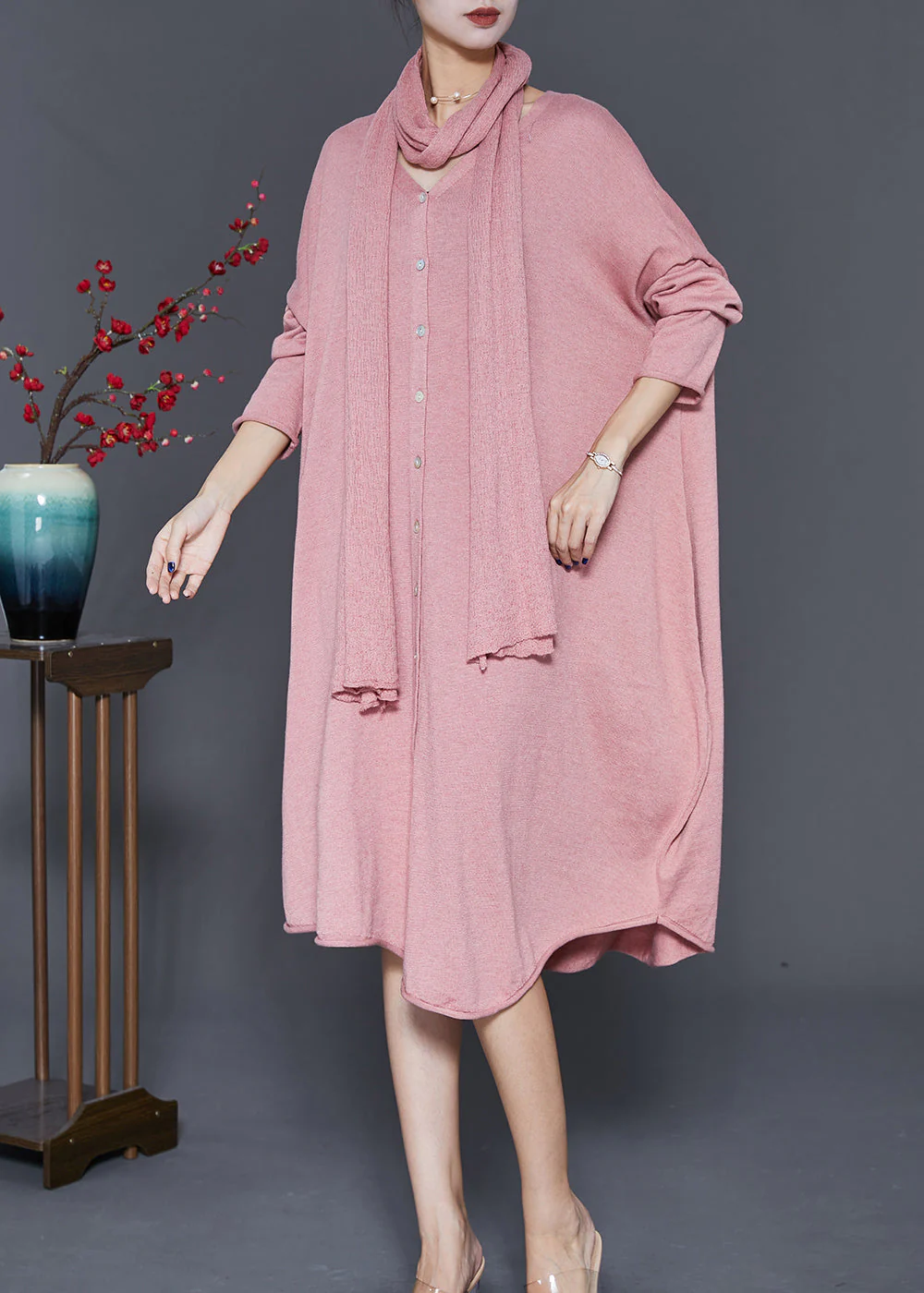 Plus Size Pink V Neck Complimentary Scarf Knit Dress Fall - Image 2
