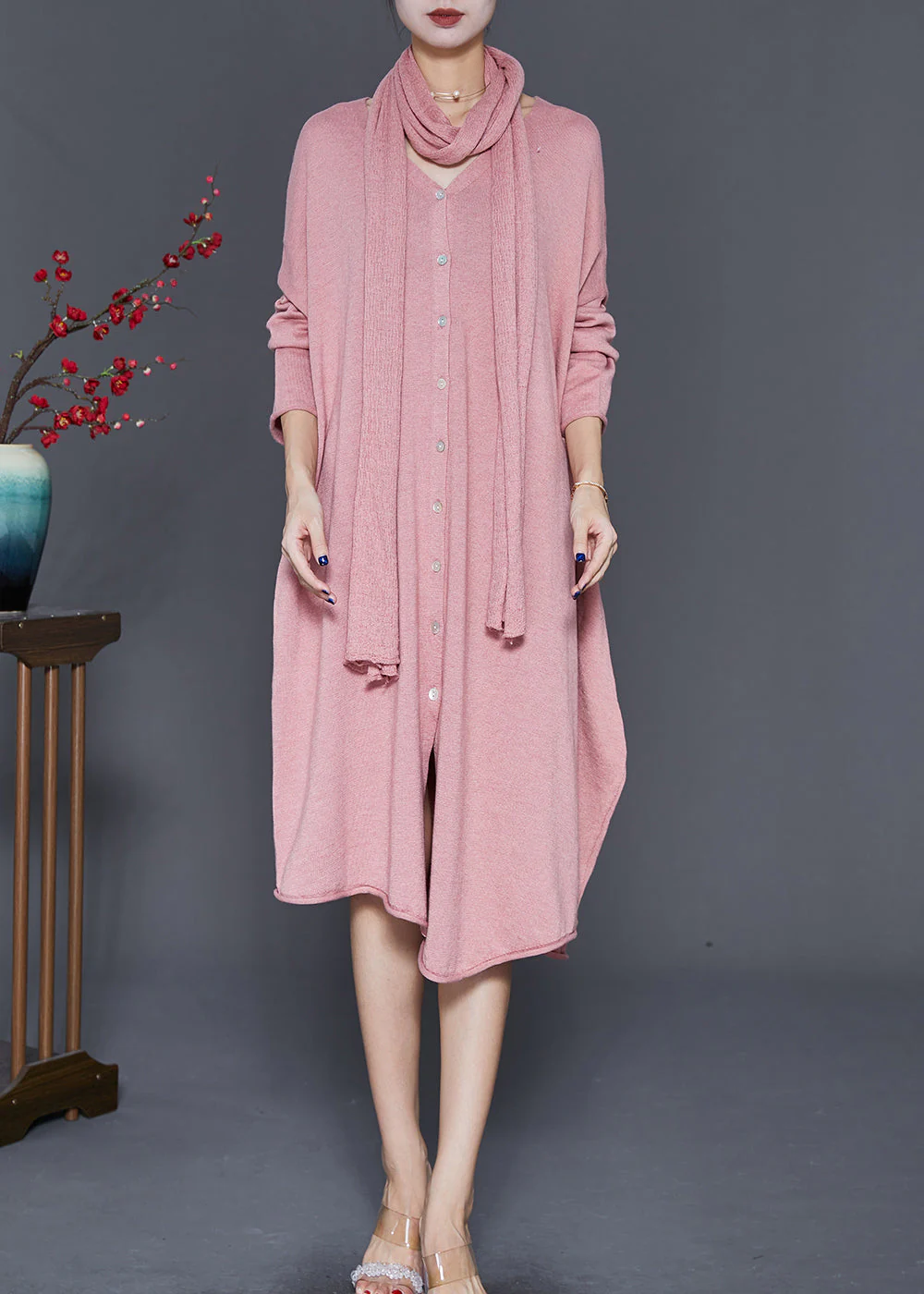 Plus Size Pink V Neck Complimentary Scarf Knit Dress Fall - Image 3