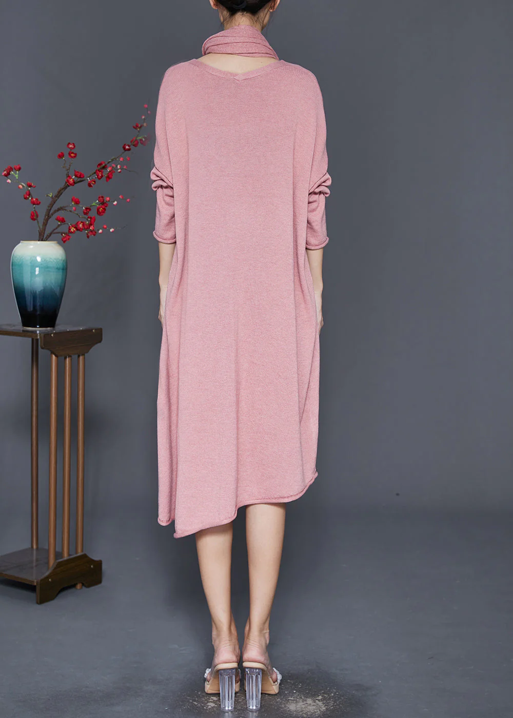 Plus Size Pink V Neck Complimentary Scarf Knit Dress Fall - Image 4
