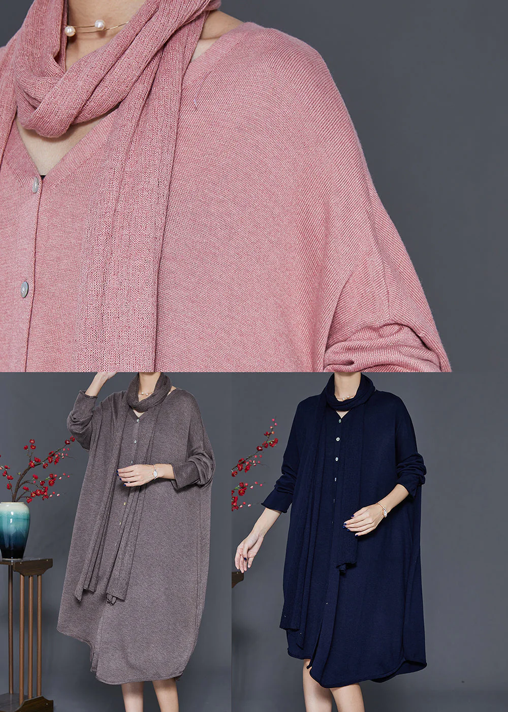 Plus Size Pink V Neck Complimentary Scarf Knit Dress Fall - Image 5