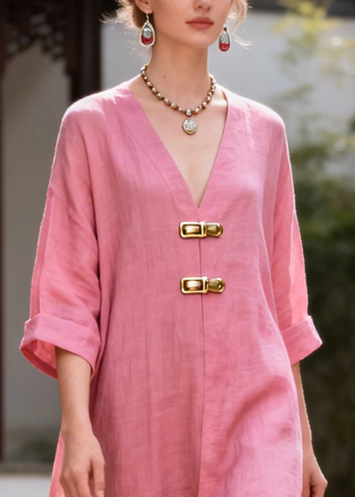 Plus Size Pink V Neck Oversized Cotton Maxi Dress Summer - Image 2