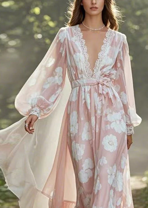 Plus Size Pink V Neck Tie Waist Chiffon Holiday Dress Spring - Image 2