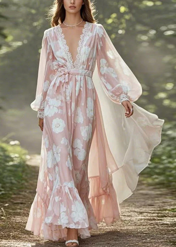 Plus Size Pink V Neck Tie Waist Chiffon Holiday Dress Spring - Image 3