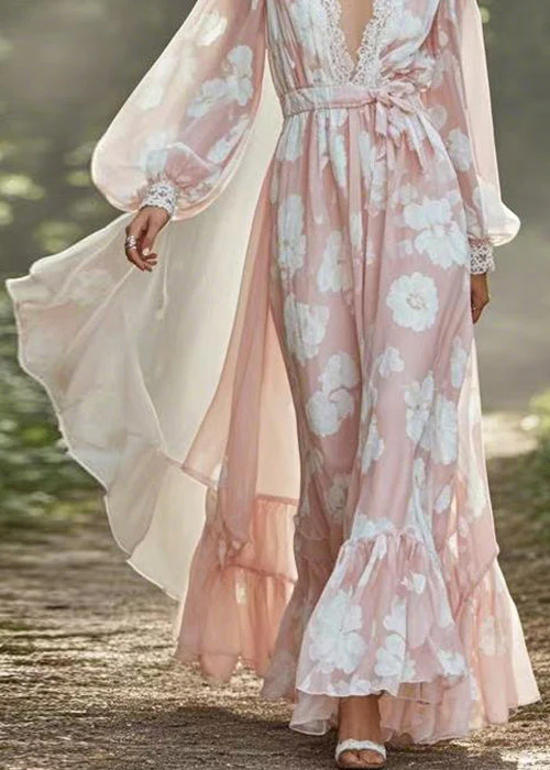 Plus Size Pink V Neck Tie Waist Chiffon Holiday Dress Spring - Image 4