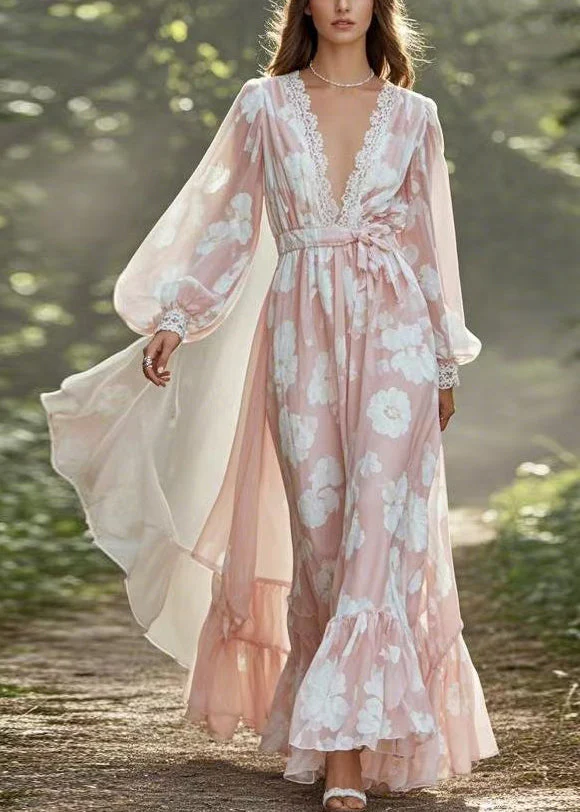 Plus Size Pink V Neck Tie Waist Chiffon Holiday Dress Spring - Image 5