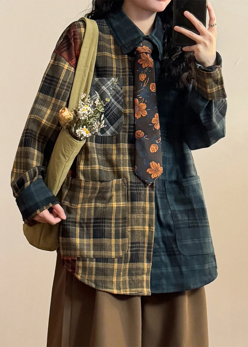 Plus Size Plaid Asymmetrical Pockets Patchwork Cotton Shirt Spring - Image 5
