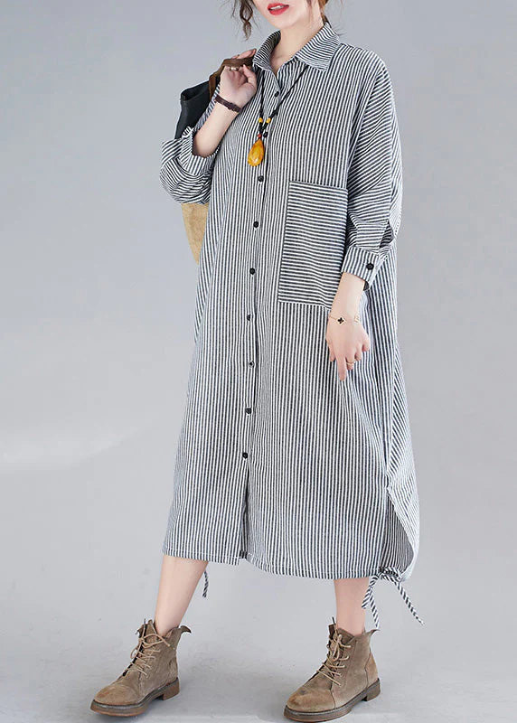 Plus Size Plaid Peter Pan Collar Button Side Open Long Shirts Dress Fall - Image 3