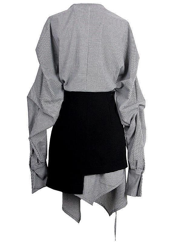 Plus Size Plaid V Neck asymmetrical designLong Sleeve Dress + Black Straight Skirt Two Pieces Set - Image 2