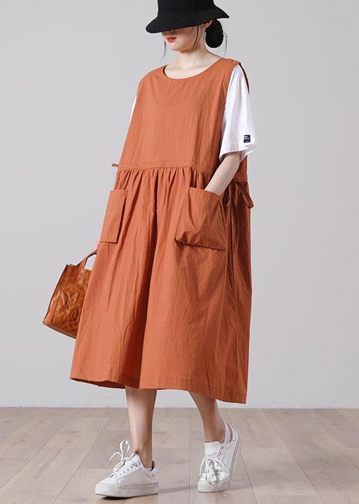 Plus Size Pockets Orange Mid big hem Summer Cotton Dress - Image 3