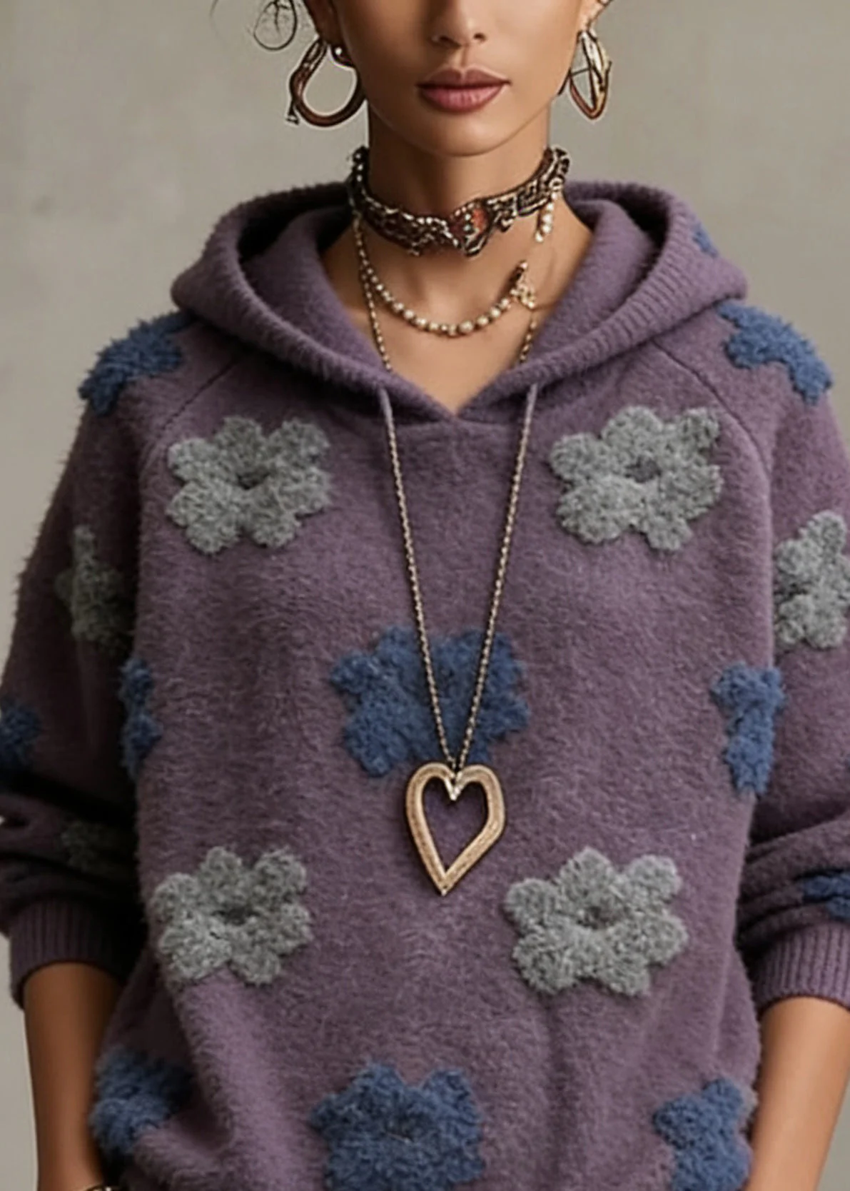 Plus Size Purple Floral Hooded Cotton Knit Sweaters Spring - Image 2