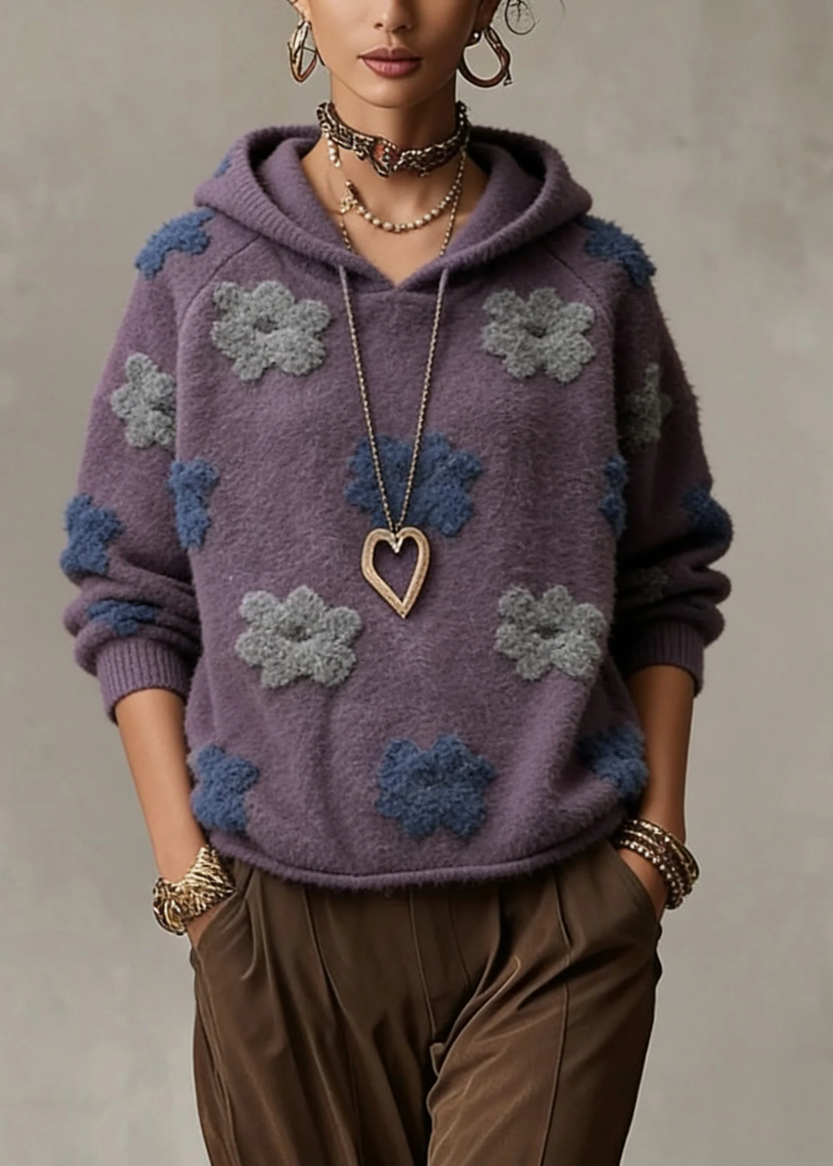 Plus Size Purple Floral Hooded Cotton Knit Sweaters Spring - Image 3