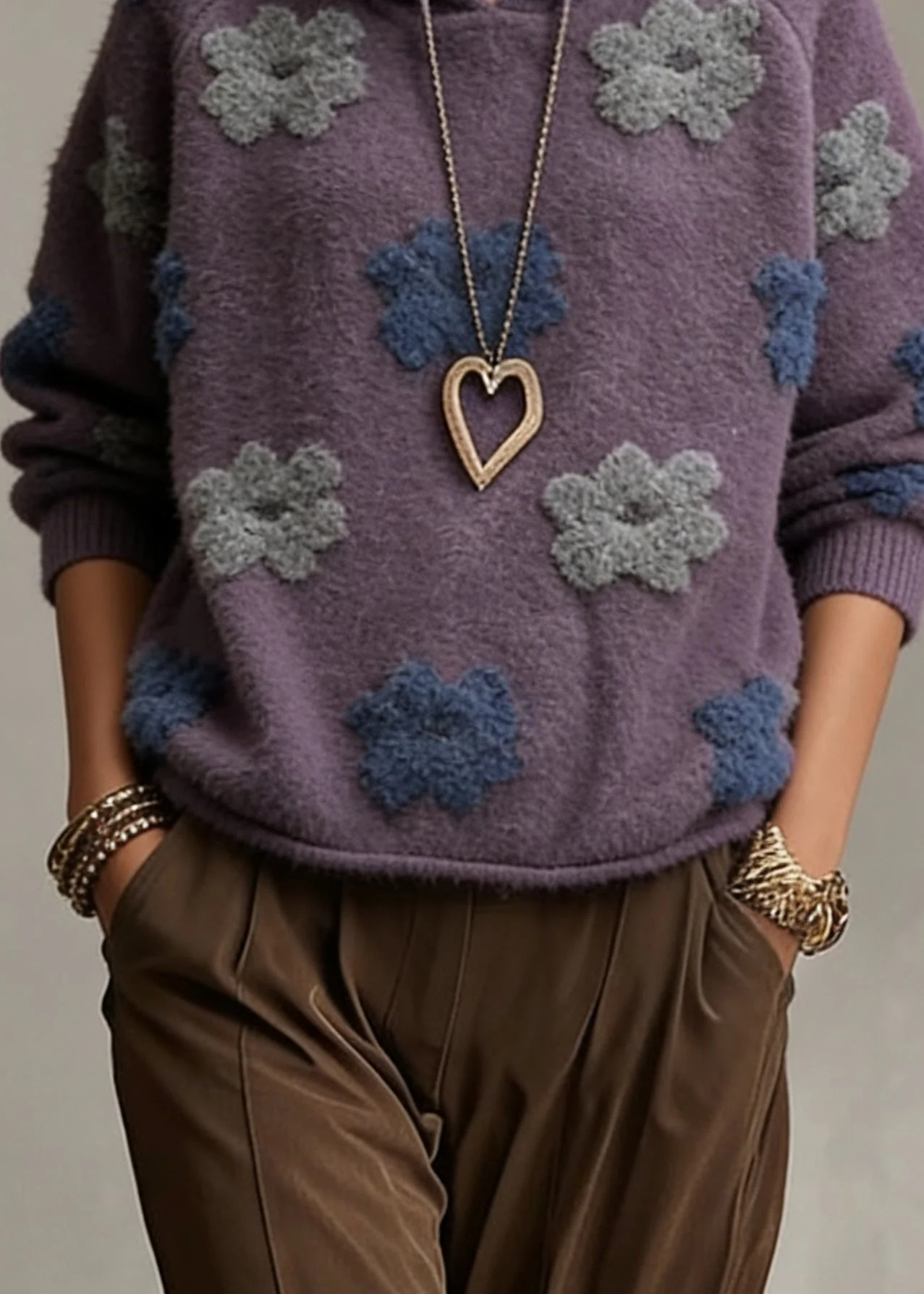 Plus Size Purple Floral Hooded Cotton Knit Sweaters Spring - Image 4