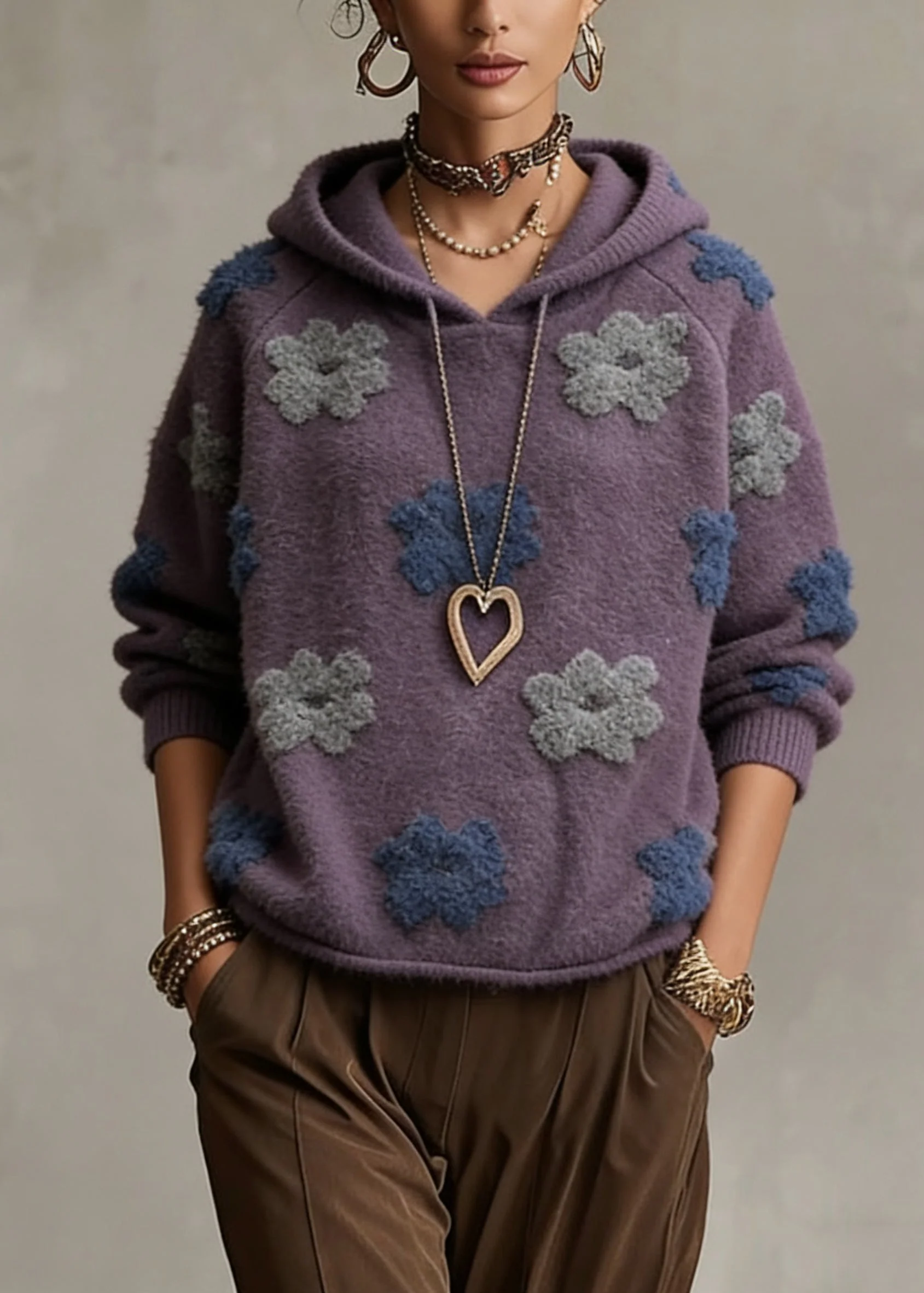 Plus Size Purple Floral Hooded Cotton Knit Sweaters Spring - Image 5