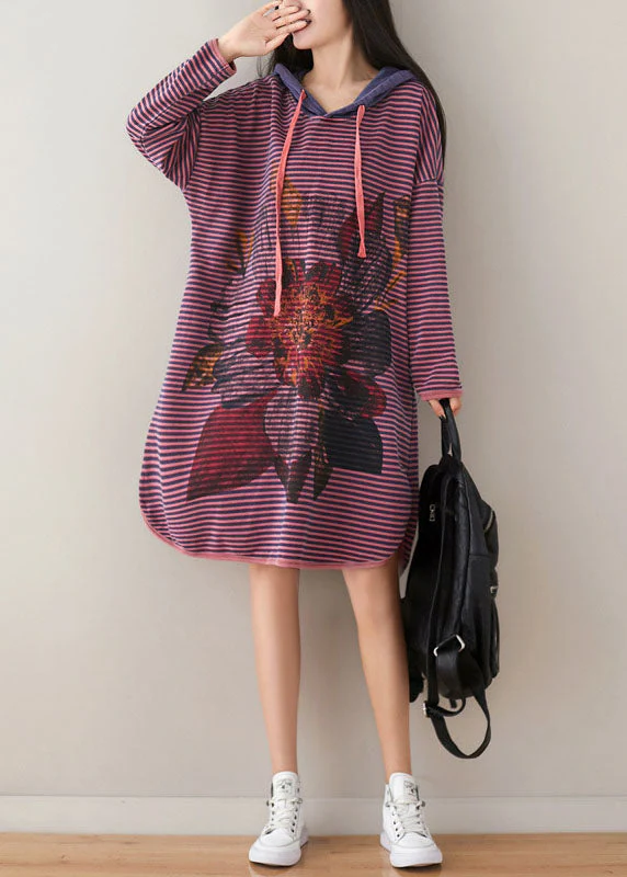 Plus Size Purple Hooded Striped Print Cotton Sweatshirt Dress Spring - Image 2