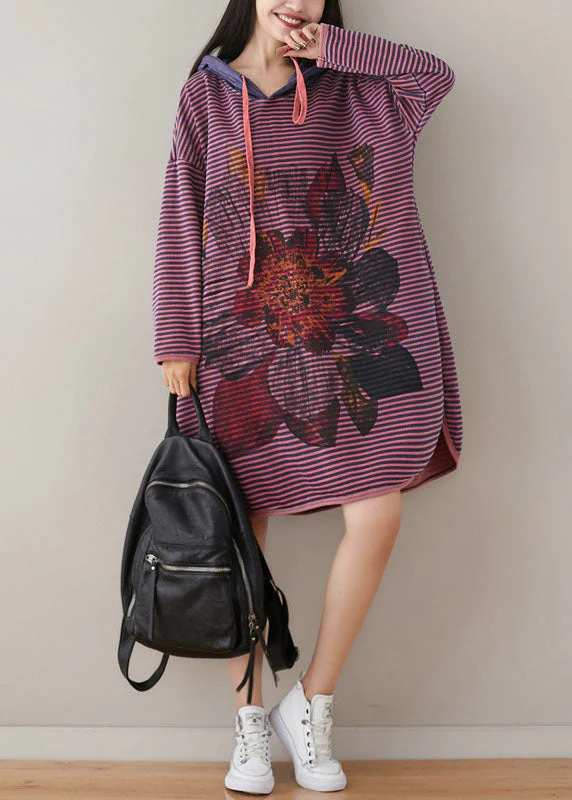 Plus Size Purple Hooded Striped Print Cotton Sweatshirt Dress Spring - Image 3