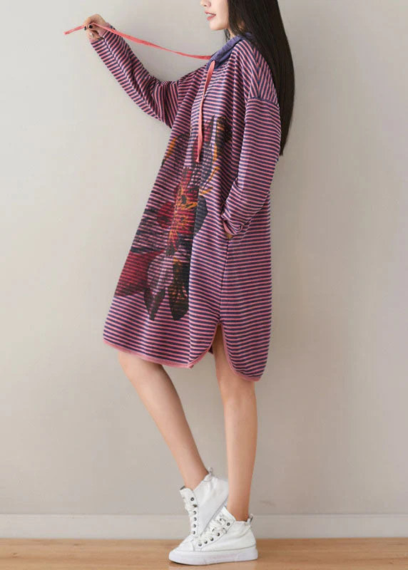 Plus Size Purple Hooded Striped Print Cotton Sweatshirt Dress Spring - Image 4