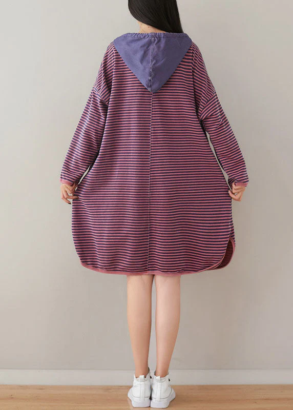 Plus Size Purple Hooded Striped Print Cotton Sweatshirt Dress Spring - Image 5