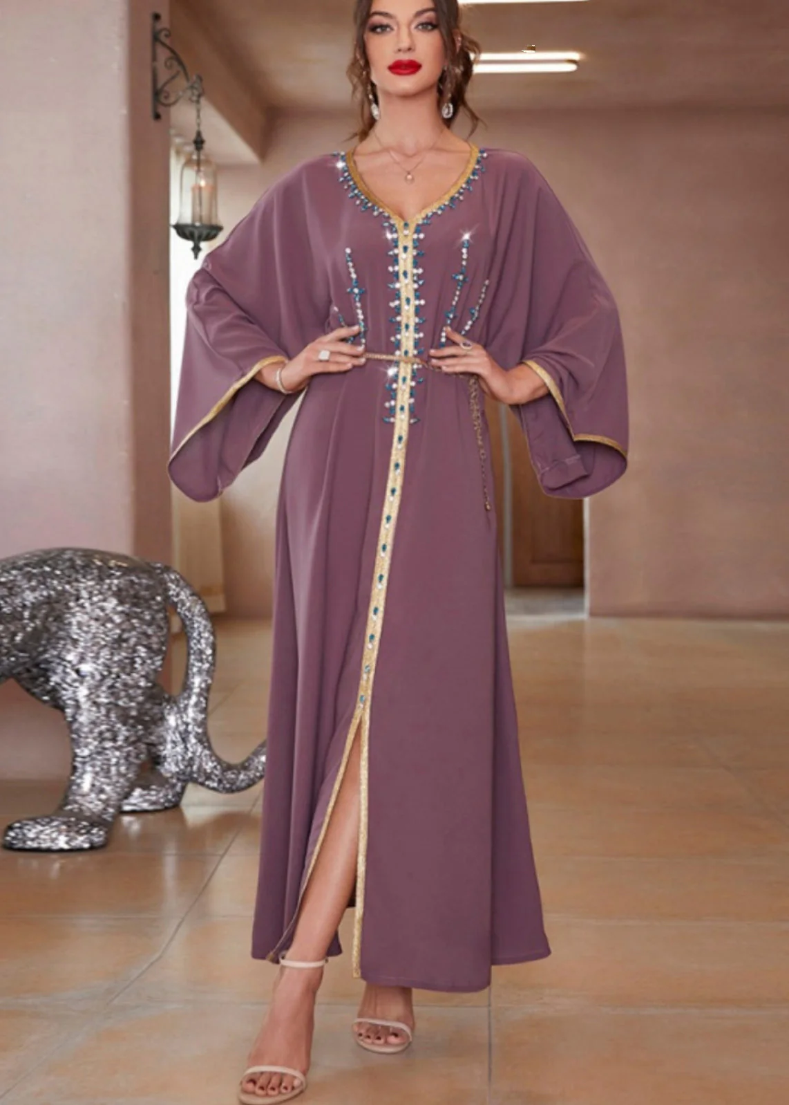 Plus Size Purple Lace Patchwork Chiffon Robe Dresses Long Sleeve - Image 2
