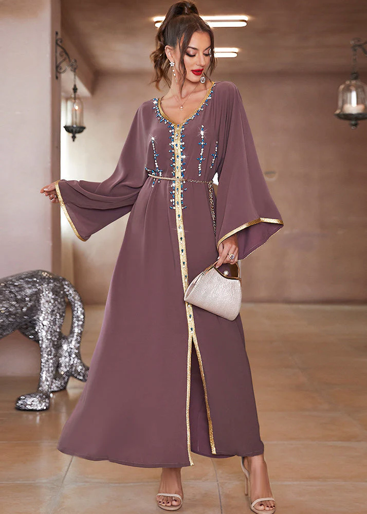 Plus Size Purple Lace Patchwork Chiffon Robe Dresses Long Sleeve - Image 4