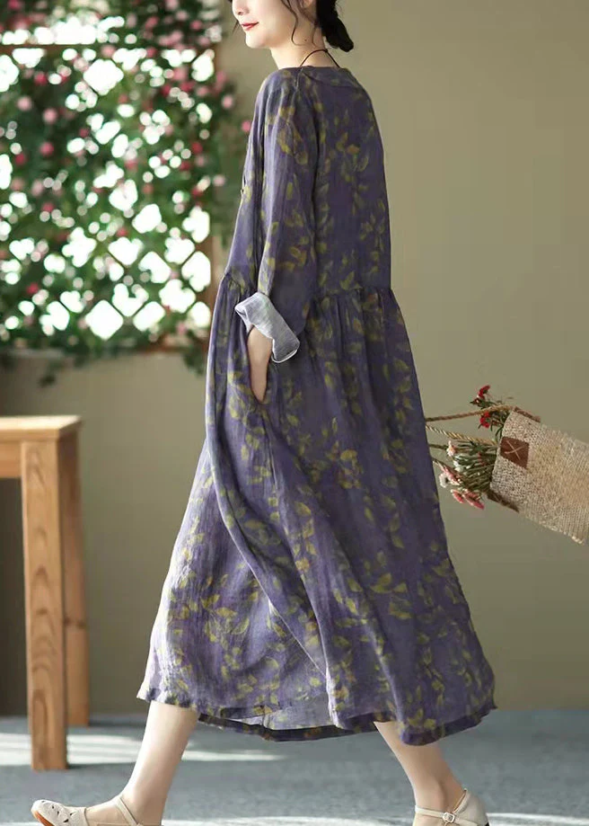 Plus Size Purple O-Neck Cinched Button Print Linen Dress Long Sleeve - Image 3