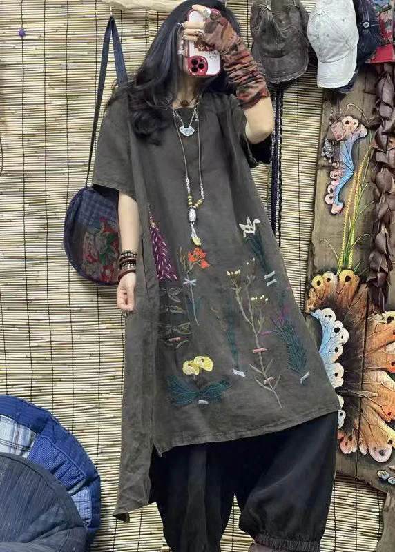 Plus Size Purple O Neck Embroidered Linen Mid Dresses Summer - Image 5