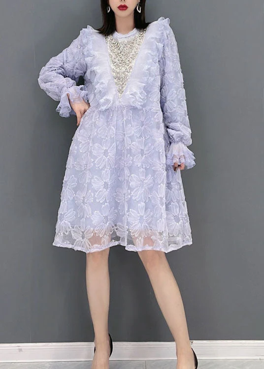 Plus Size Purple O-Neck Ruffled Print Tulle Party Dress Spring - Image 2