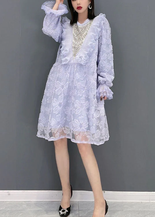 Plus Size Purple O-Neck Ruffled Print Tulle Party Dress Spring - Image 3