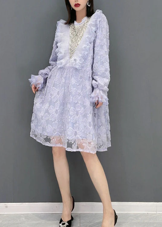 Plus Size Purple O-Neck Ruffled Print Tulle Party Dress Spring - Image 4